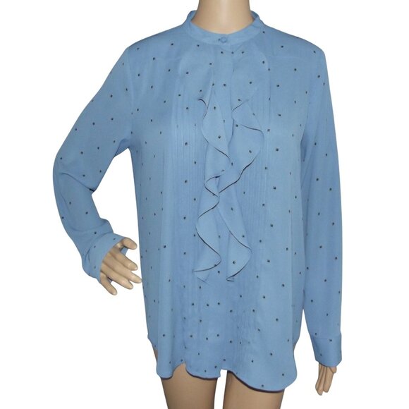 Ann Taylor Blouse Womens Size Medium blue Button-Down Shirt print ruffle pleated - Picture 1 of 11